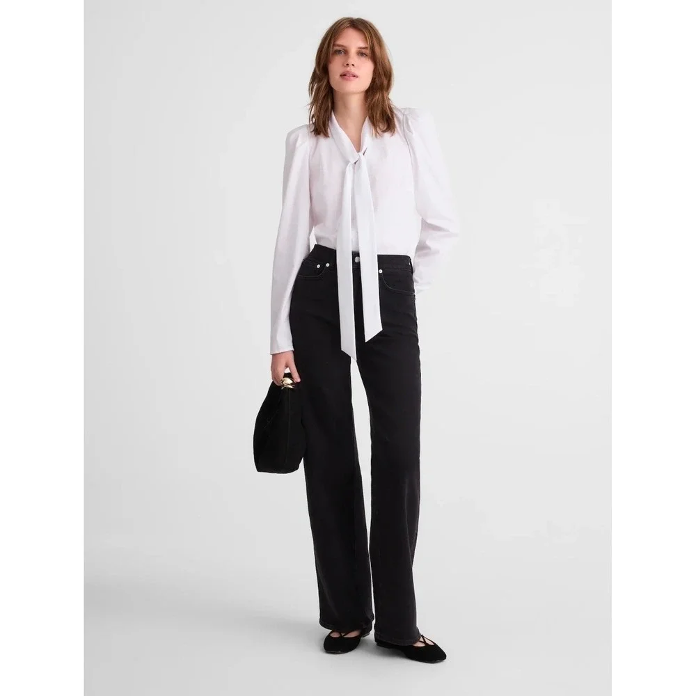 Madewell Womens XL White Tie Neck V- Neck‎ Button Front Top Puff Sleeve Blouse